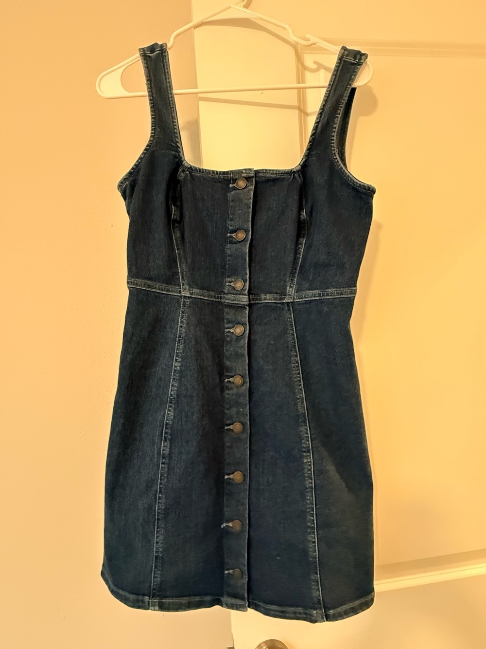 SO Dark Wash Denim Button Front Mini Dress Size M Sleeveless Square Neck❤️ - Picture 4 of 7